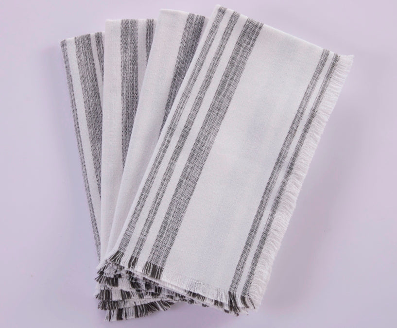 Stripe Fringe Napkins - Set of 4- 100% Cotton - Grey